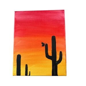 Handmade Sunset Cactus Canvas Art 10x8 red and orange